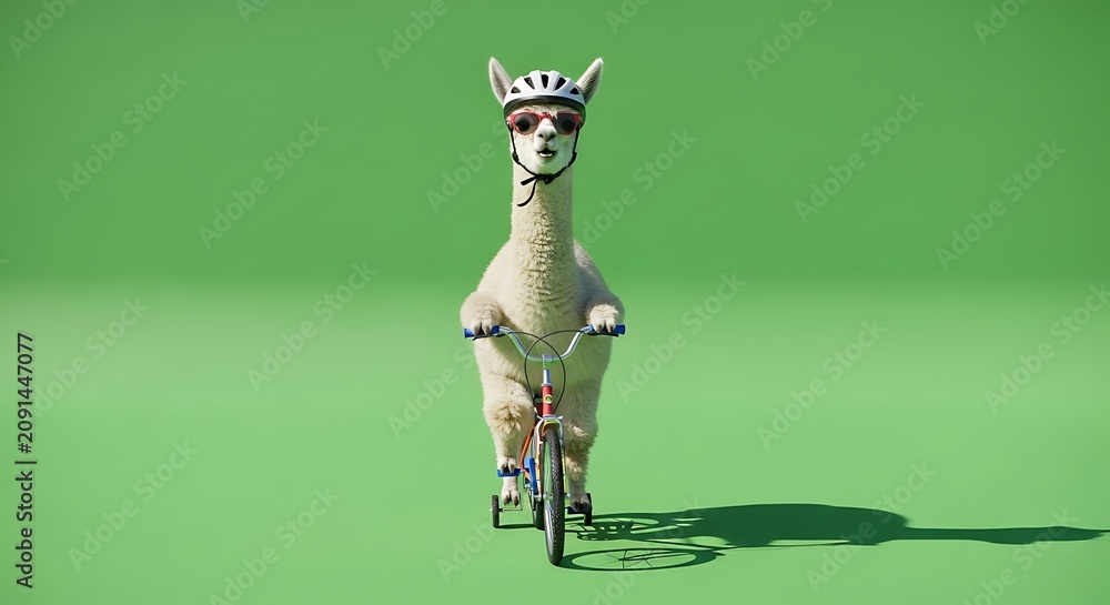 Fototapeta premium Funny White Llama Riding a Small Bicycle Wearing a Helmet and Sunglasses on a Green Screen Background, Humorous Animal Concept for Creative Video Production and Advertising