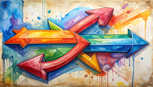 Colorful graffiti arrows with watercolor splashes on textured paper background, urban art and street style