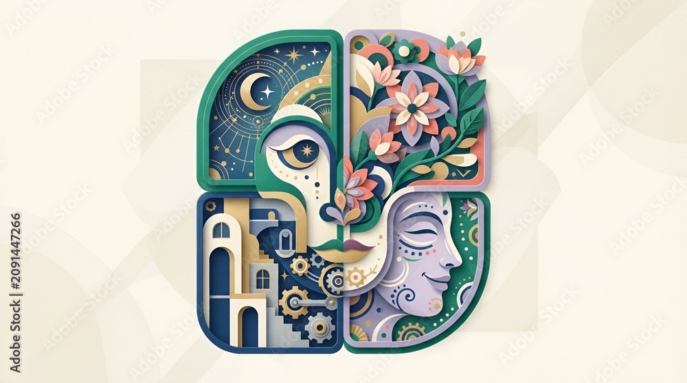 Fototapeta premium Abstract Human Brain Concept with Face, Flowers, Cogs, and Night Sky Illustration