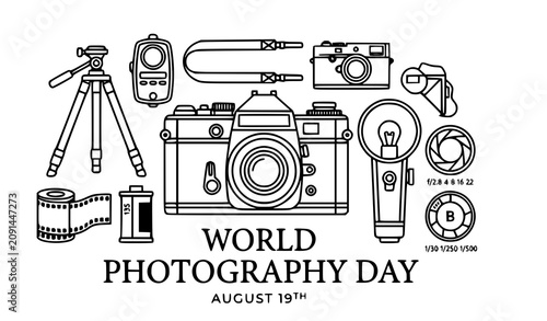 Bild auf Leinwand World Photography Day black white photography gear abstract banner collection |
