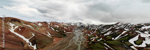 Принти на полотні Spectacular aerial panorama of braided glacial rivers winding through colorful rhyolite mountains with snow patches beneath low clouds in Landmannalaugar, Iceland Highlands