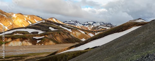 Panel kuchenny z motywem Spectacular aerial panorama of braided glacial rivers winding through colorful rhyolite mountains with snow patches beneath low clouds in Landmannalaugar, Iceland Highlands.
