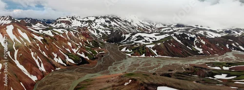 Panel kuchenny z motywem Spectacular aerial panorama of braided glacial rivers winding through colorful rhyolite mountains with snow patches beneath low clouds in Landmannalaugar, Iceland Highlands.