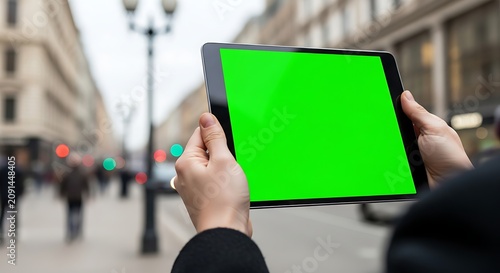 Person holding digital tablet with blank green screen chroma key in busy city street background mockup for mobile app demonstration and advertising