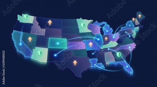 Visual representation of state privacy laws across the United States, highlighting regulations and connections among different states