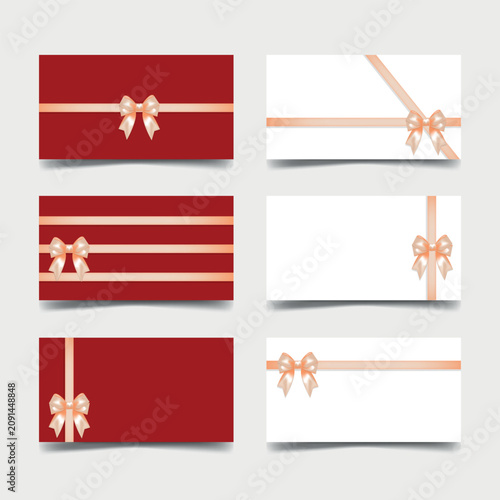 Luxury Card Template Collection with Champagne Satin Bows on Red and White Backgrounds
