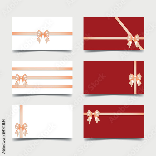 Luxury Card Template Collection with Champagne Satin Bows on Red and White Backgrounds