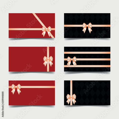 Luxury Card Template Collection with Champagne Satin Bows on Red and Black Backgrounds
