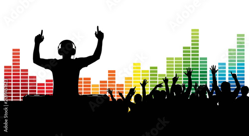 Dancer and dj with equalizer bars in black silhouette music party nightclub concert festival sound