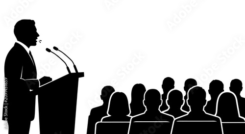 Quadro su tela Speaker at podium with audience in black silhouette lecturer presenter orator st