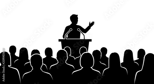 Foto Speaker at podium with audience silhouette against a white background silhouette