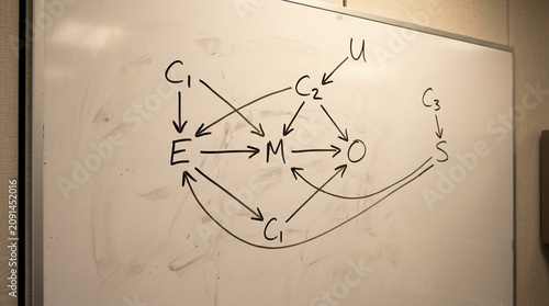 Directed acyclic graph DAG for causal inference in an epidemiological study drawn on a researcher whiteboard