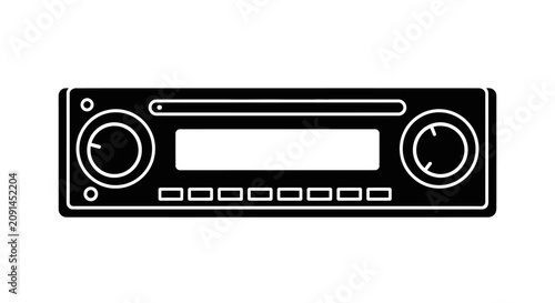 Car radio faceplate with knobs and display black and white silhouette automotive stereo audio receiver