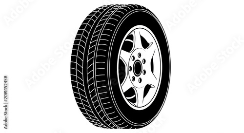 Tableau sur toile Automobile tire with alloy wheel depicted as a black silhouette against a white