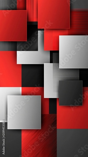 Abstract geometric background with overlapping red and grey squares. Modern layered pattern with striped textures and 3D shadow effect. Vertical graphic design wallpaper