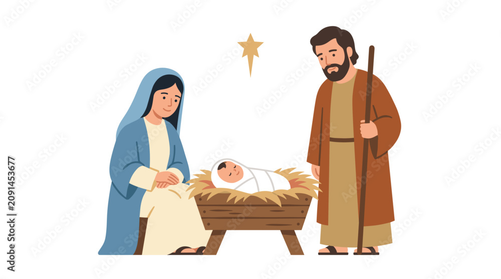 Obraz premium Nativity Scene Illustration of Mary Joseph and Baby Jesus in a Manger with a Star Above