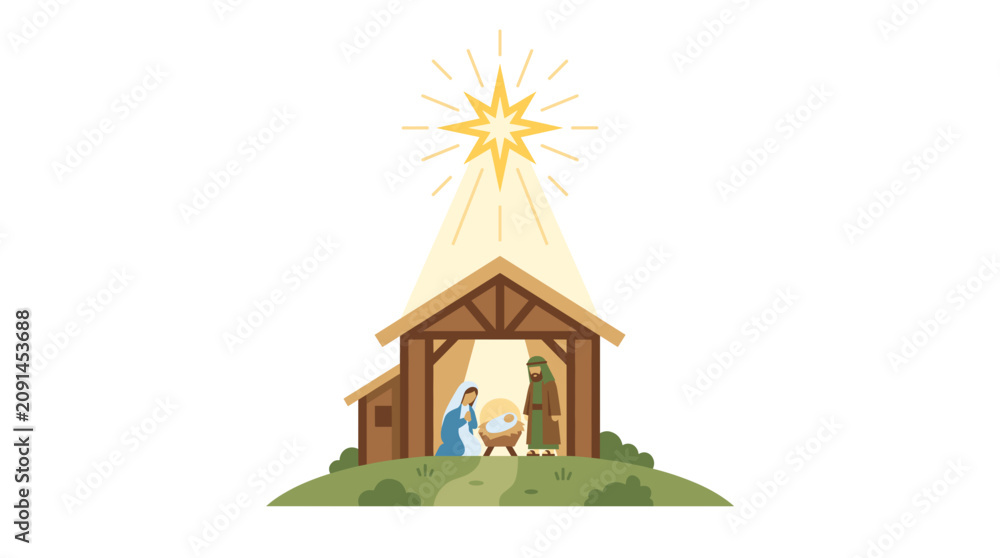 Obraz premium Nativity Scene Illustration with Mary Joseph and Baby Jesus under the Star of Bethlehem in a Stable