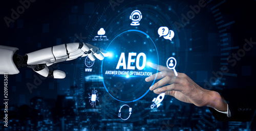 Foto Human Hand Reaching Toward Robotic Hand with Digital Icons Representing Answer Engine Optimization in Futuristic Setting Fluxor