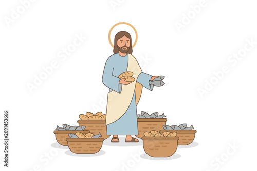 Jesus feeding multitude with loaves and fishes illustration