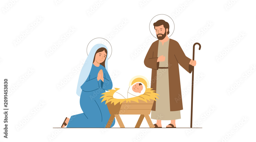 Obraz premium Nativity Scene Illustration of Mary Joseph and Baby Jesus in Manger with Halos
