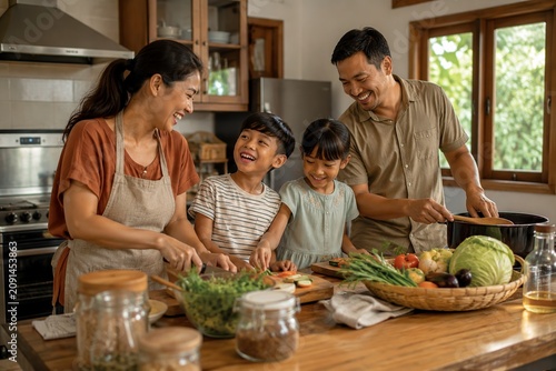 Happy Asian family cooking together and preparing vegetables in modern kitchen