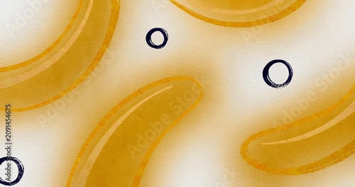 Hand drawn watercolor banana fruit pattern background. Minimalist yellow banana shapes with dark rings on textured paper surface