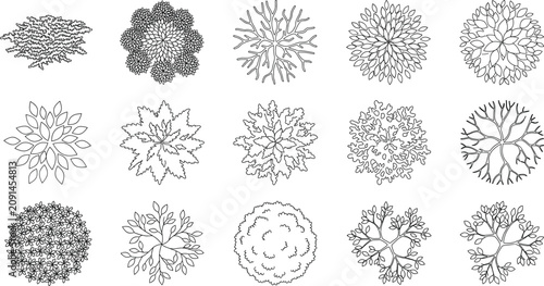Cuadro en lienzo Set of landscape tree symbols top view architectural plan icons isolated on whit