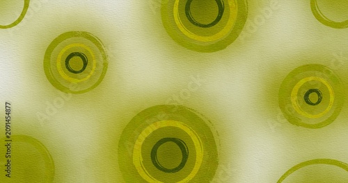 Watercolor green concentric circle pattern background. Abstract hand drawn round kiwi fruit slices on textured paper canvas