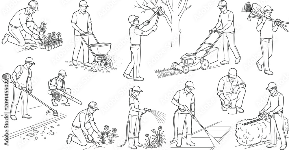 Fototapeta premium Set of professional landscaping workers and gardeners line art icons isolated on white background
