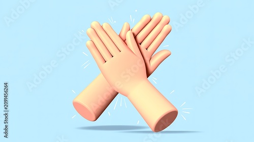 3D illustration, crossed hands, high-five gesture, palms facing outwards, on blue background