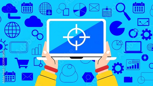Digital marketing, targeting, online business, e-commerce concept, blue icons
