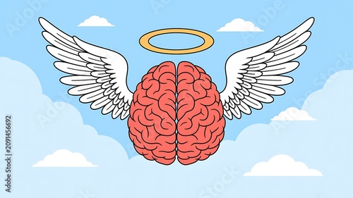 Illustration of angelic brain with wings and halo, symbolizing intelligence and wisdom, floating on clouds, blue sky background
