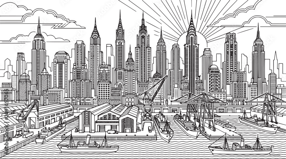 Obraz premium City landscape. Line urban backdrop, different buildings on street, doodle street draw, outline cityscape hand sketch, flat houses. Hand drawn vector illustration