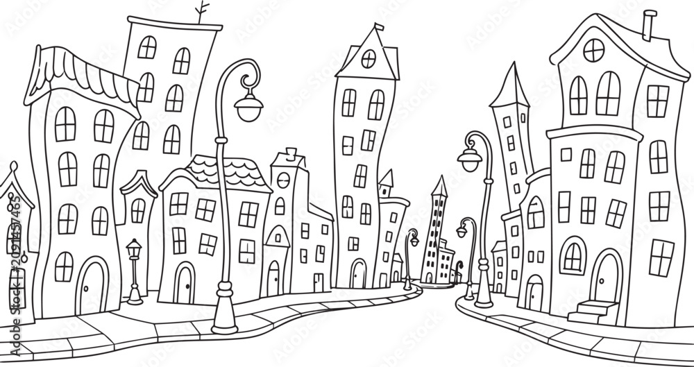 Obraz premium City landscape. Line urban backdrop, different buildings on street, doodle street draw, outline cityscape hand sketch, flat houses. Hand drawn vector illustration