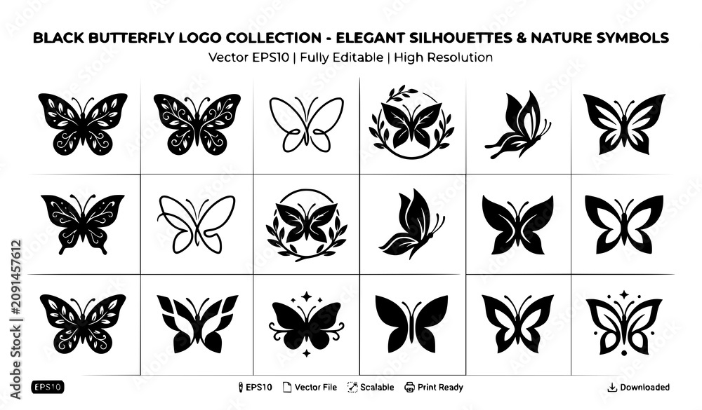 Obraz premium Design an original vector collection of 32 butterfly silhouette designs isolated on a solid white background. Arrange the butterflies in alternating rows with varied wing spans and elegant proportions