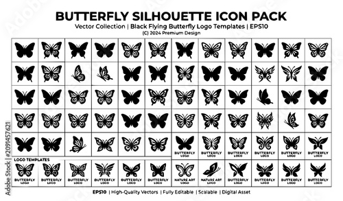 Tableau sur toile Generate a distinctive vector illustration containing 28 unique butterfly silhouette icons isolated on a solid white background