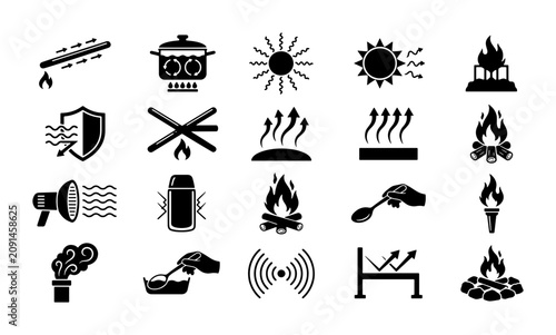 Foto Thermodynamics and heat transfer icon set, 20 black vector symbols for thermal e