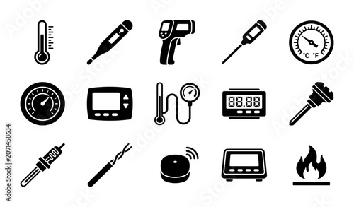 Foto Thermometer and temperature sensor icon set, 15 black vector icons for thermal m