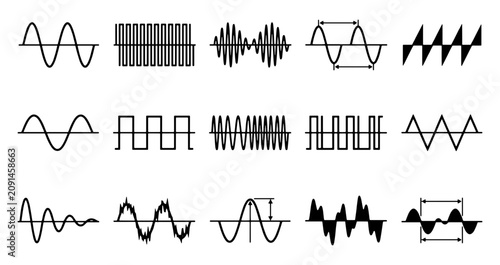 Tableau sur toile Sound wave icons set, audio signal frequency waveforms, 15 black vector pulse li