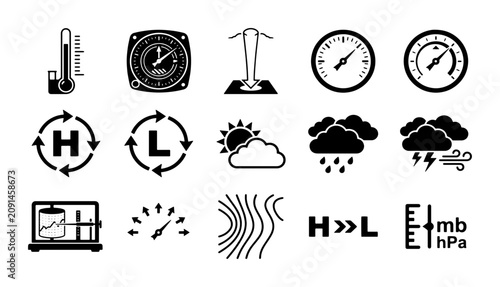 Fotografie Meteorology weather icons set, 15 black vector symbols for atmospheric pressure