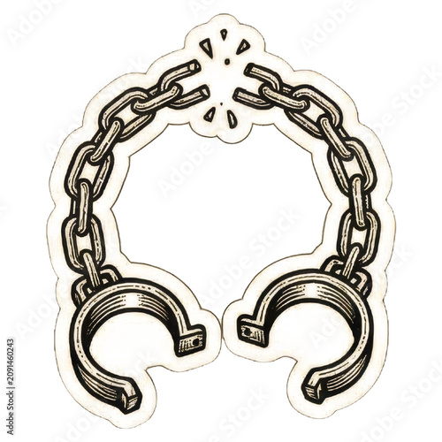 Hand drawn illustration of open handcuffs with chain on black.
