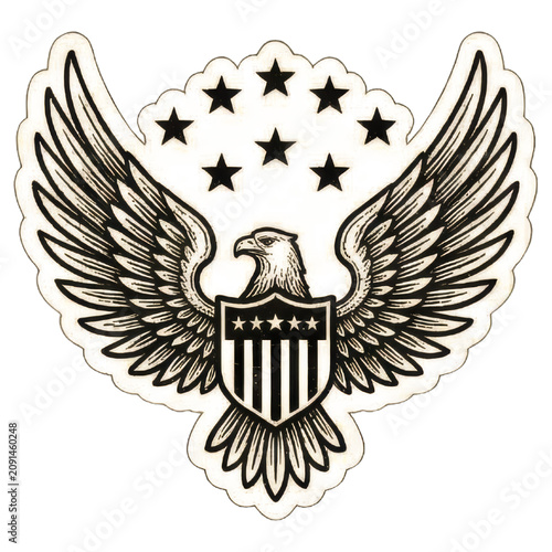 Eagle Emblem with Shield and Stars in Vintage Style.