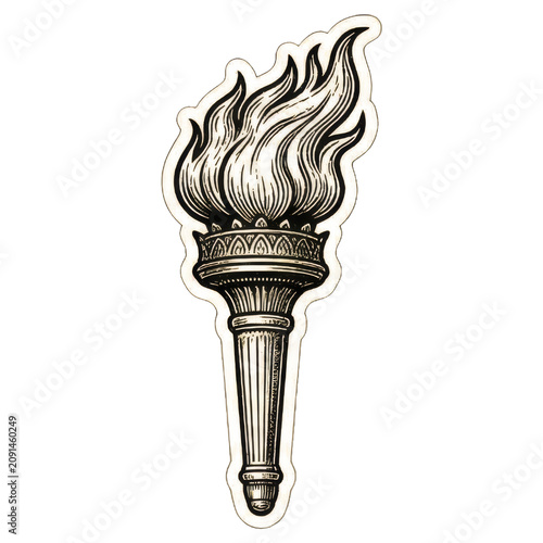 Vintage torch illustration with detailed flame in black and white.