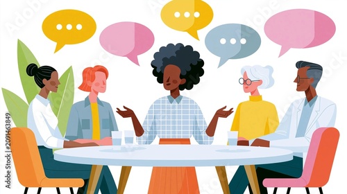 Group of five people sitting around a round table in a meeting room. there are six people in the image, three women and three men, all of whom appear to be engaged in a conversation.