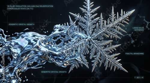 3D simulation of gallium solidification showing dendritic crystal growth and fractal branching