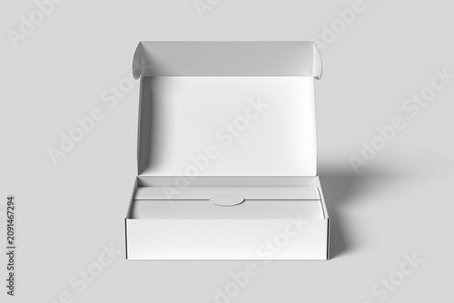 Open and closed white realistic cardboard box with paper and a sticker on a light background. The concept of business gifts. Mock up. 3d rendering 