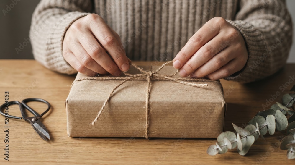 Fototapeta premium Tying a rustic string bow on a gift wrapped in plain brown paper