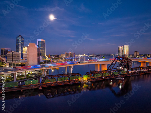 Drone View of the Acosta Bridge, Main Street Bridge and Downtown Jacksonville at Blue Hour