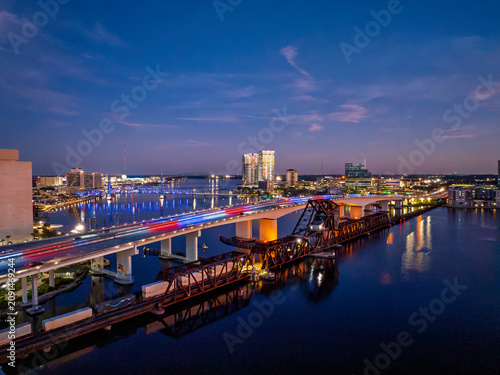 Drone View of the Acosta Bridge, Main Street Bridge and Downtown Jacksonville at Blue Hour