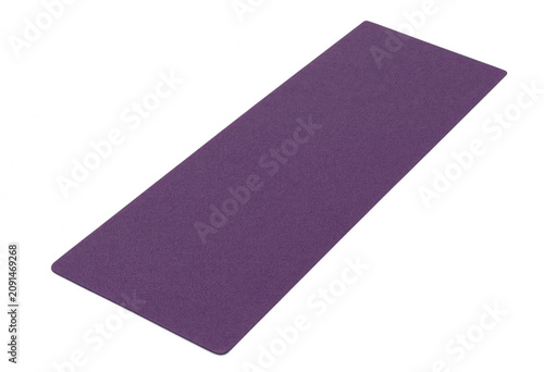 Deep purple textured yoga mat isolated on white background with exercise stretching training equipment